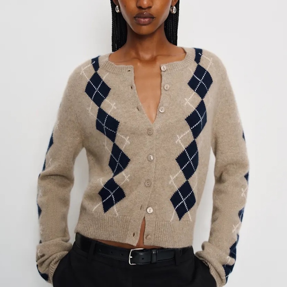🧸 Reformation clara cardigan cashmere argyle sweater Cashmere Cardigan Sweater